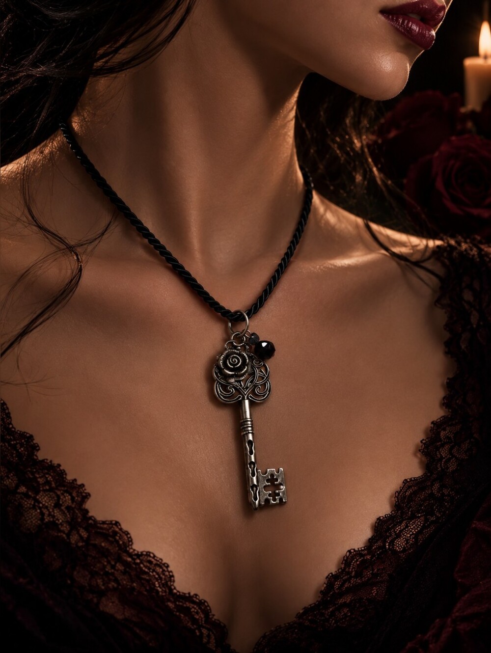 Artisan Vintage Key Pendant Necklace in Black - Elegant Women's Jewelry